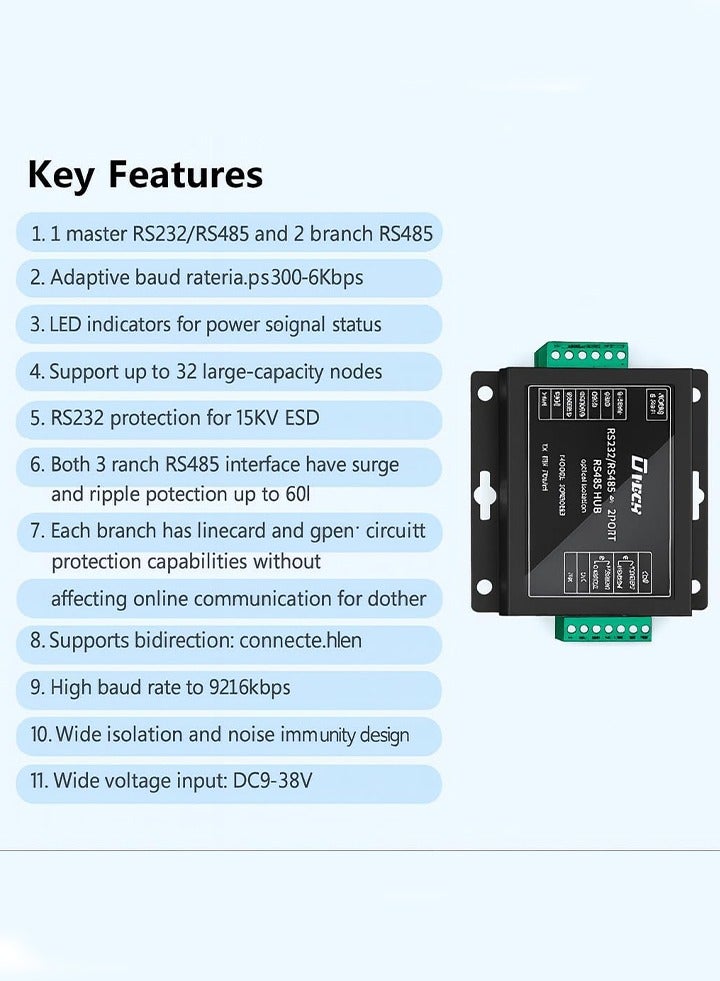 DTECH Industrial RS232/RS485 to Dual RS485 Optical Isolation Hub | Model IOT9022I | 921.6Kbps Baud Rate, 2500Vrms Isolation, 600W Surge Protection, Wide Voltage 9–38V, Supports Up to 32 Nodes - Image 3