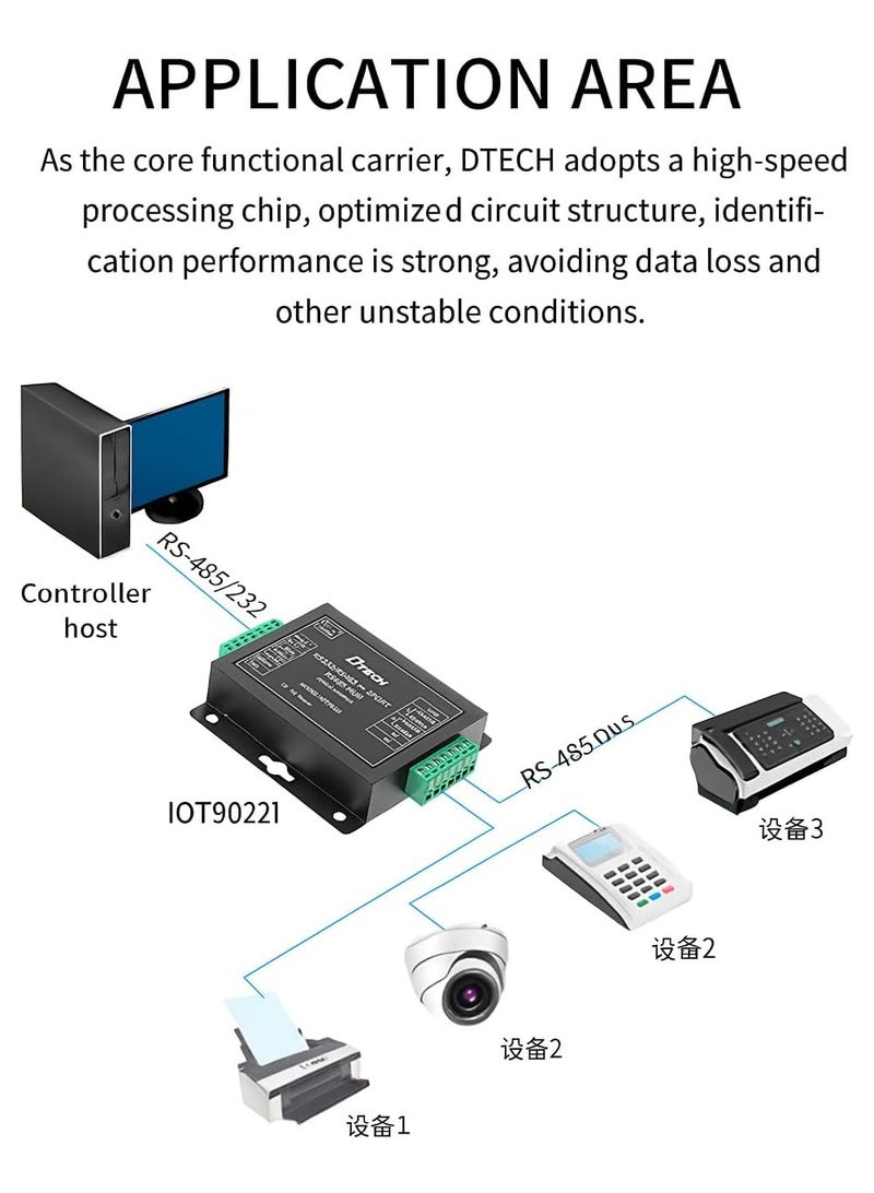DTECH Industrial RS232/RS485 to Dual RS485 Optical Isolation Hub | Model IOT9022I | 921.6Kbps Baud Rate, 2500Vrms Isolation, 600W Surge Protection, Wide Voltage 9–38V, Supports Up to 32 Nodes - Image 4