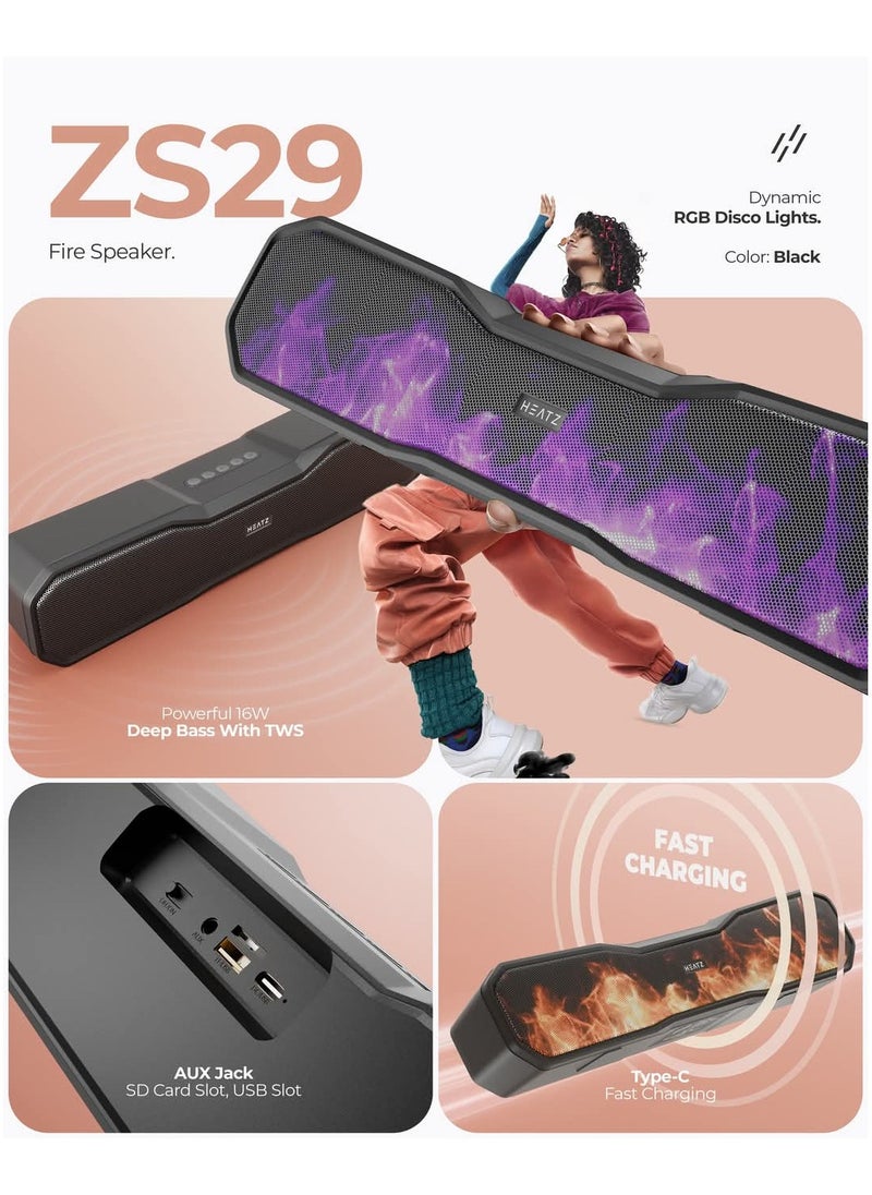HEATZ Disco Soundbar, 16W High-Bass Bluetooth Speaker, RGB Lights, Type-C Fast Charging, SD card, USB slot, AUX jack, Black  - Image 2