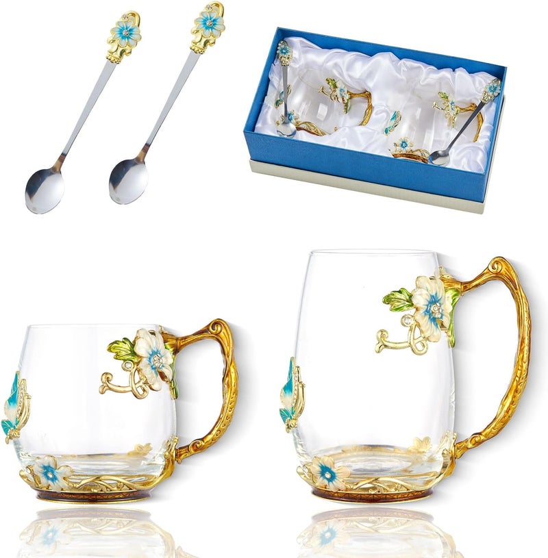 DUMVOIN Tea Cup Glass Coffee MugsFancy Tea Cup Set Birthday Gift Idea for Tea Lover and Man  Women Novelty Coffee Mugs Rose Flower Enamel Cup with Spoon - Image 1