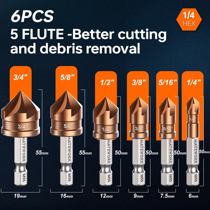 Matework Countersink Drill Bit Set, M35 Cobalt HSS Countersink Drill Bits 6 Pieces 1/4 Inch Quick Change Hex Shank for Metal, Wood, Stainless Steel, Carbon Steel - Image 2