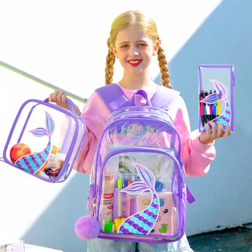 GXTVO Clear Backpack for Kids Girls 3PCS See Through School Bag Set Cute Gtransparent Bookbag for Elementary Prechool Toddler Purple Mermaid - Image 3