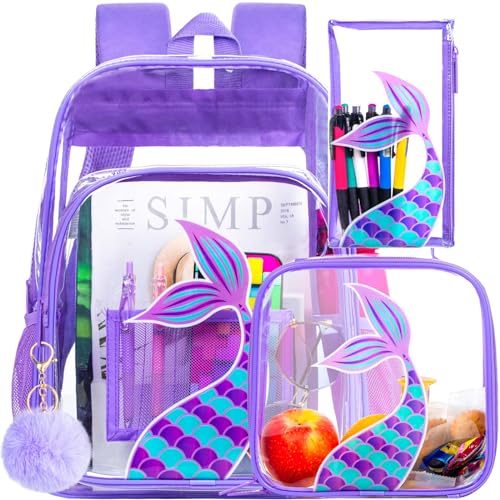GXTVO Clear Backpack for Kids Girls 3PCS See Through School Bag Set Cute Gtransparent Bookbag for Elementary Prechool Toddler Purple Mermaid - Image 1