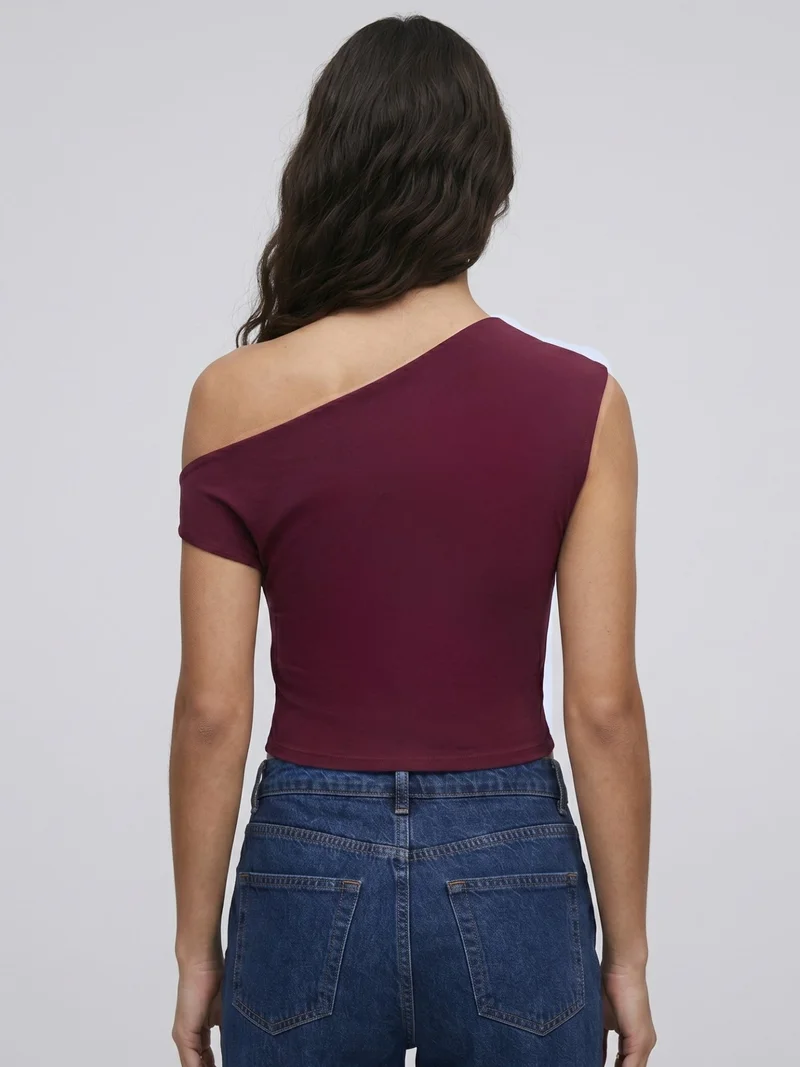 Outzidr  Wine Asymmetrical Neck Wine Top With Buckle Trim for Women | Best Price UAE