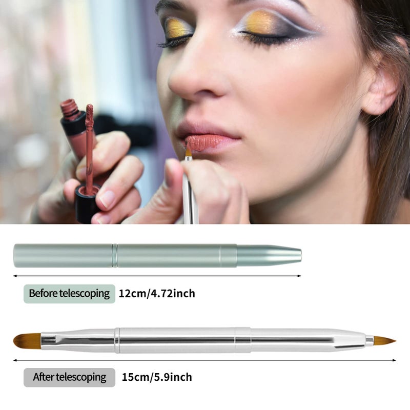 Unaone [2 Pack] Lip Brush for Lipstick, Retractable Lip Brushes, Dual-ended Makeup Brush for Lipstick Lip Gloss, Include Lid Silver and Green - Image 2