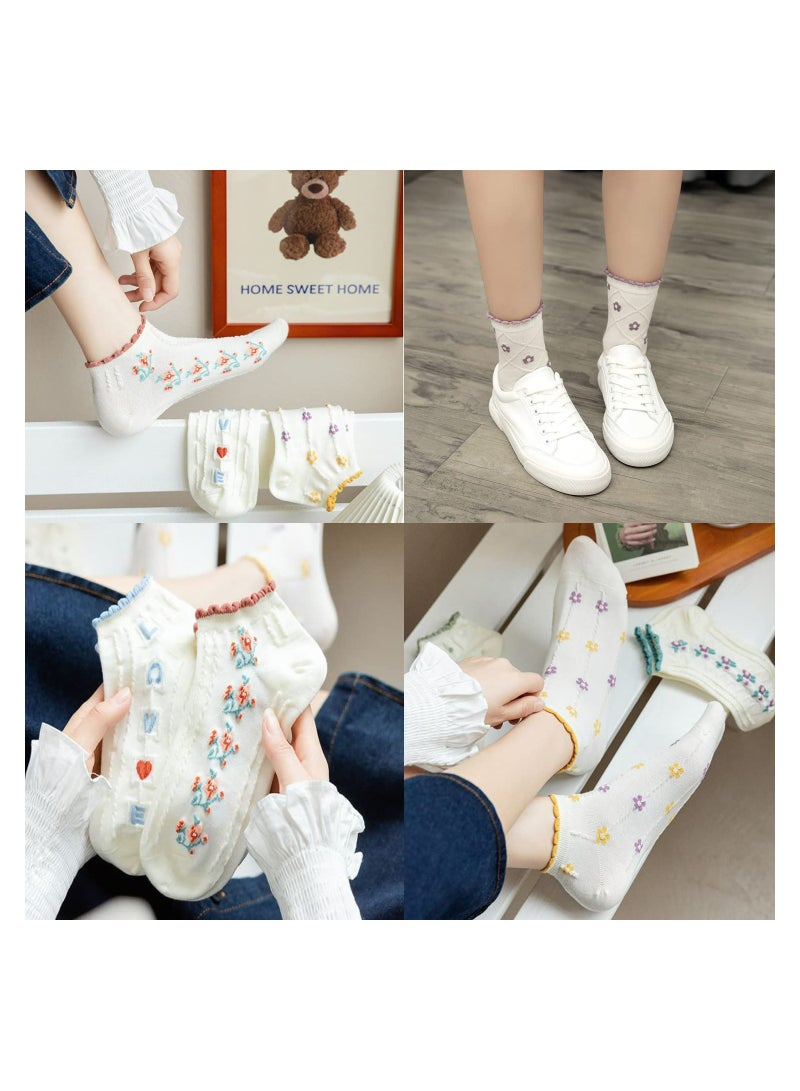 Women's Casual Cotton Crew Socks, Fun Novelty Dress Socks, Floral All-Match Short Low Cut Socks for Autumn and Winter, 5 Pairs One Size Cotton Socks - Image 2