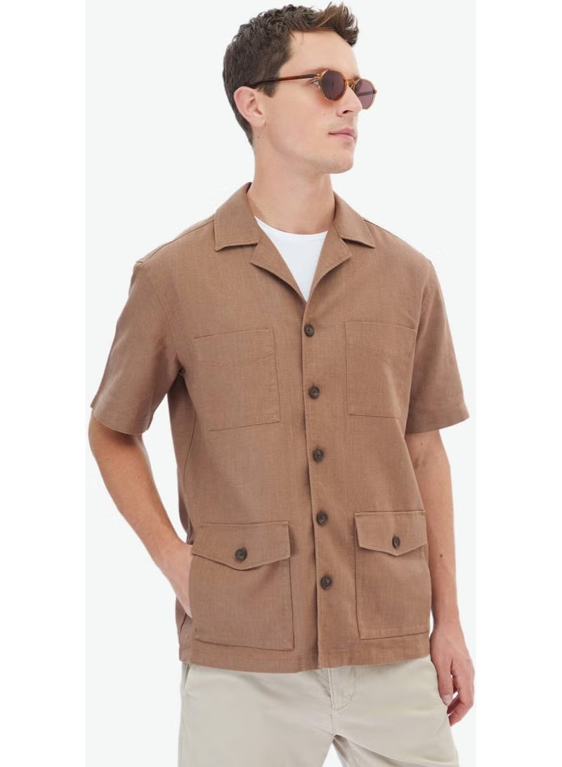 Kip Hazelnut Plain Regular Fit Woven Overshirt - Image 3