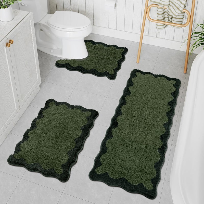 Uphome Scalloped Bathroom Rugs Sets 3 Piece Green Non-Slip Cute Absorbent Long Bath Mat with U-Shaped Contour Toilet Rug Fun Machine Washable Shaggy Bathroom Mats for Bathroom Tub Shower - Image 1