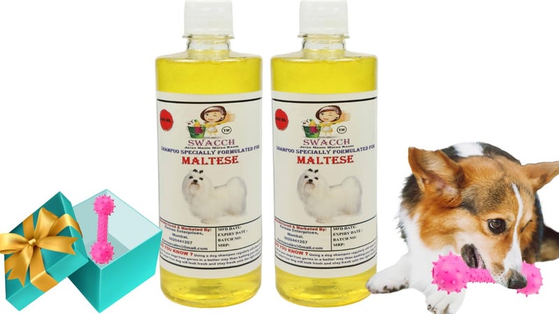swacch Maltese Dog Shampoo + Dumbbell Toy I Durable Rubber Dog Toy for Chewing I Playing,Teeth Cleaning & Training Toy I Combo Pack I 500ml Pack of 2 Lemon - Image 1