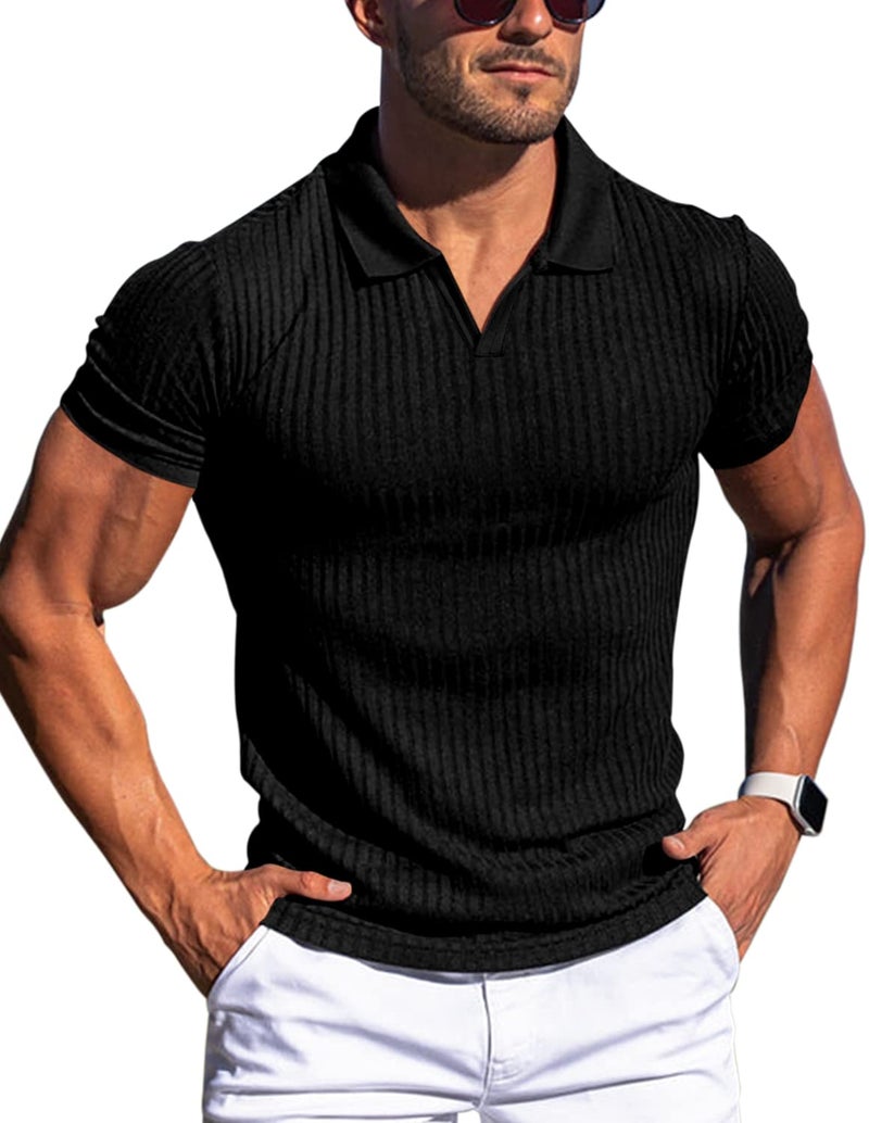 Gnvviwl Men's Muscle V Neck Polo Shirts Slim Fit Short Sleeve Cotton Golf T-Shirts Ribbed Knit Soft Tees Black - Image 1