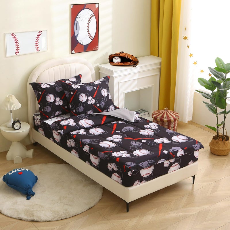 HLGBED Boys Baseball Bedding Comforter Sets Zipper Bedding Set for Kids Black Sports Bed Set for Children Bedroom Decor - Image 3