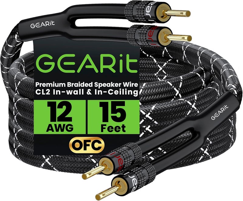 GearIT 12AWG Gauge (2 x 4mm²) Premium Heavy Duty Braided Speaker Wire (4.5 Meters / 15 Feet/Black) with Dual Gold Plated Banana Plug Tips - Oxygen-free Copper (OFC) Construction - Image 1