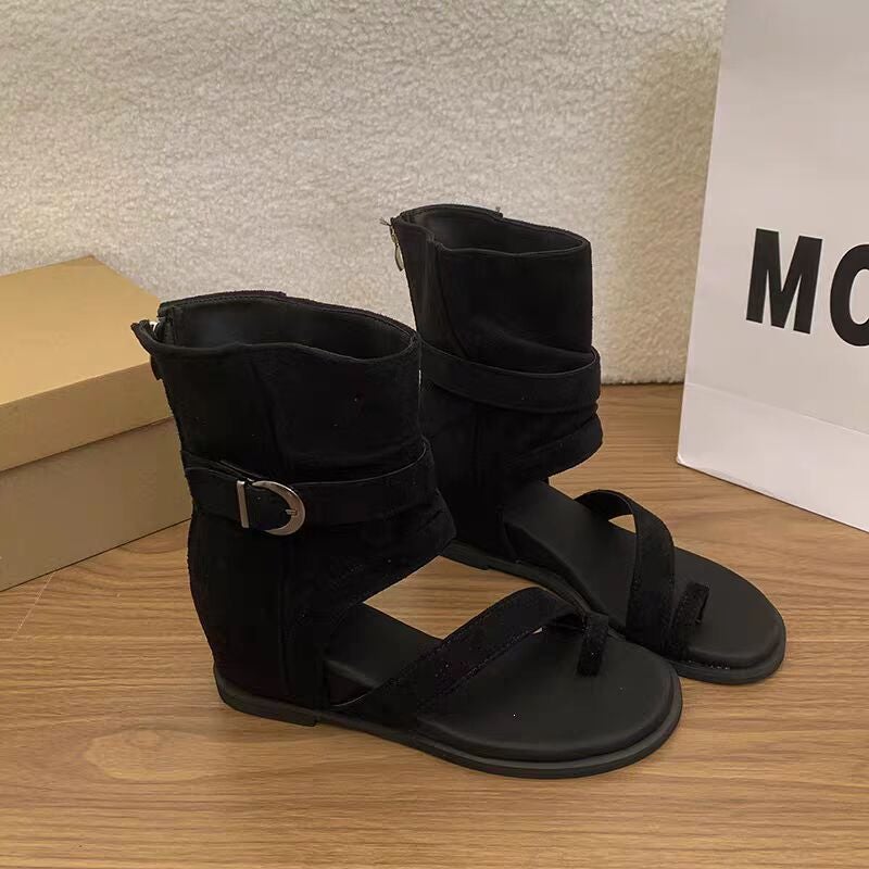 5CM Hidden Heel French Retro Wedge Slimming Sandals for Women - Summer All-Match Stylish Boots with Belt  Buckle