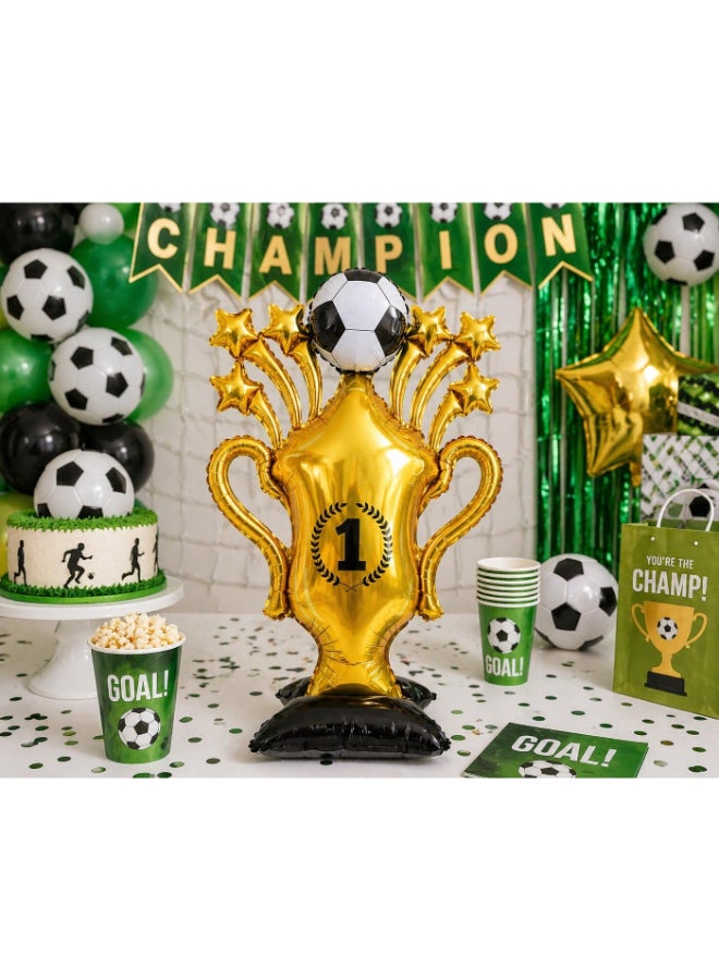 Toyland Football Trophy Foil Balloon Stand 150cm – Gold Winner Cup Balloon with Soccer Ball Top – Kids Birthday & Sports Party Decoration - Image 1