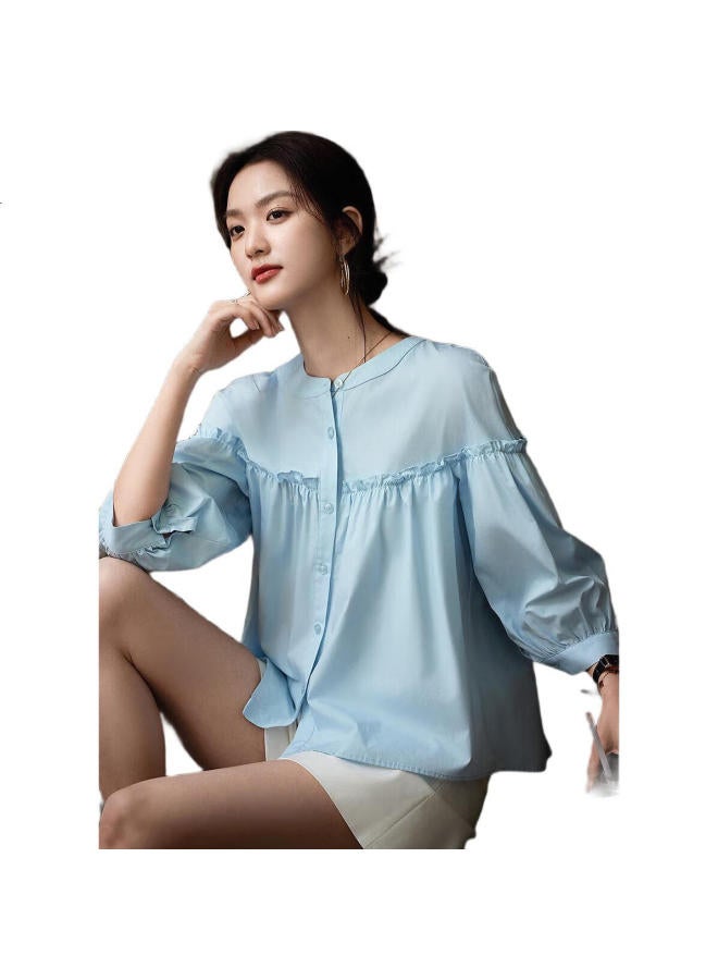 dme Trailer】Summer French Style Pure Cotton Pleated Wrinkled Shirt With Ruffle Bubble Sleeves Women'S Blouse - Image 3
