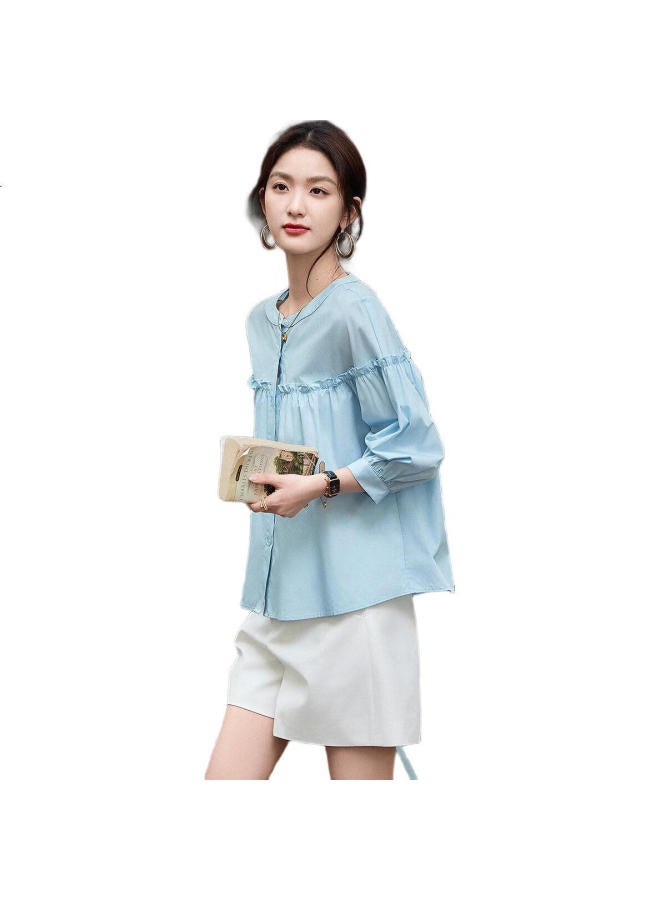 dme Trailer】Summer French Style Pure Cotton Pleated Wrinkled Shirt With Ruffle Bubble Sleeves Women'S Blouse - Image 2