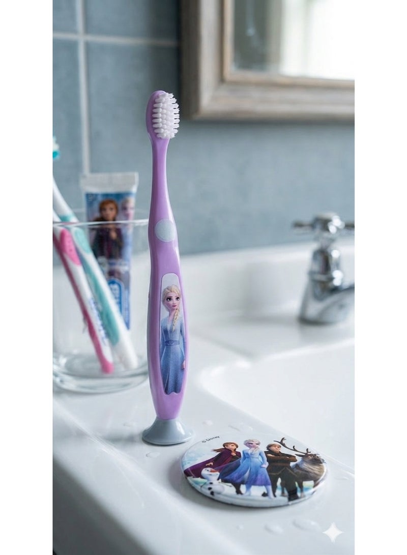 FabLab Disney Frozen Soft Bristle Toothbrush for Kids by Fab Lab – Ergonomic Grip with Suction Cup Base & Bonus Character Badge - Image 2