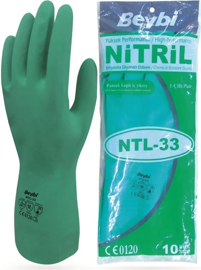Beybi Korun Green Nitrile Chemical Gloves 33CM Size 10 - 12 Pairs