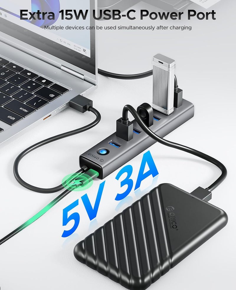 Orico USB 3.0 Hub, 5Gbps Aluminum 7 Port USB Hub, 50 cm Long Cable with 5V/3A Type-C Power Port, Multiple USB 3.0 Adapter Compatible with MacBook, PS4, Surface Pro, HP - Image 4