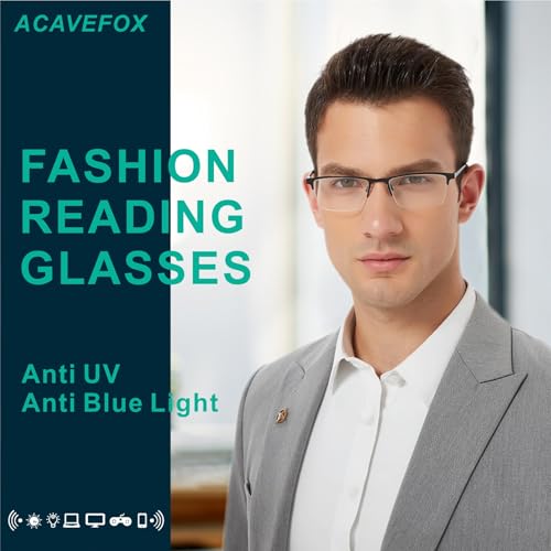 acavefox 3 Pack Blue Light Blocking Reading Glasses Men Readers Anti UV Metal Semi-frame Spring Hinge Lightweight Sturdy Trendy Eyeglasses 1.5+ - Image 2
