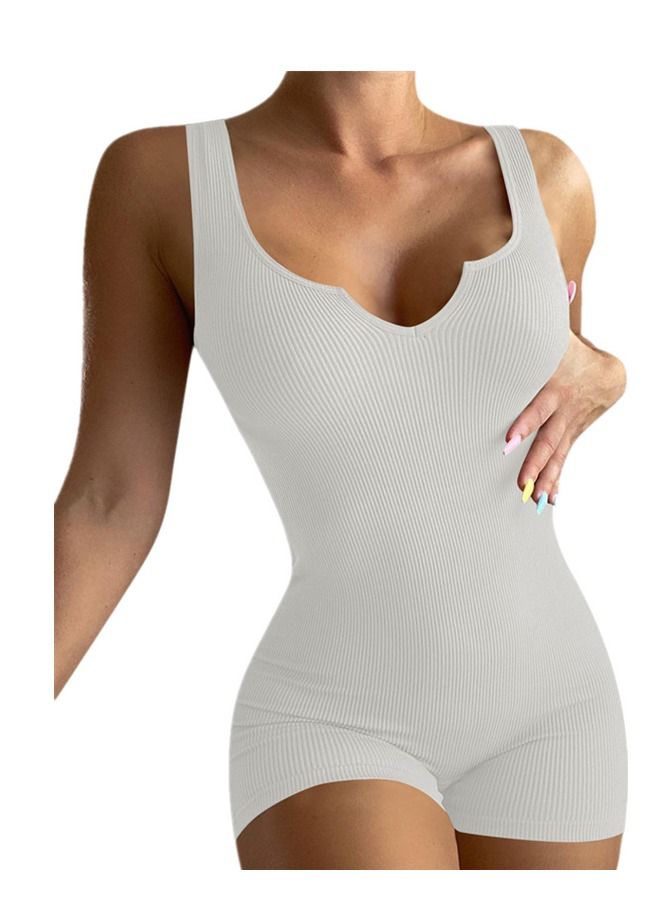 Loquat Solid Color Casual Knitted Ribbed Vest Slim Jumpsuit 