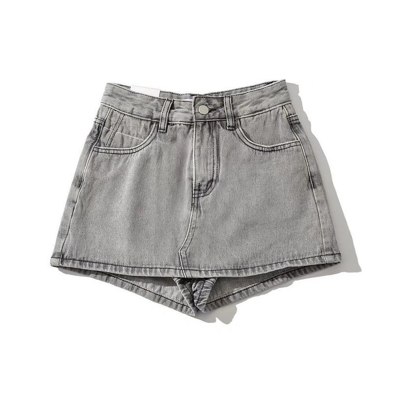 YPFF Trendy Womens High Waist Denim Skirt European and American Street Solid Color Retro Slim-fit Anti-slip Short Culottes Light Gray [145]