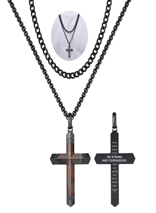 FLHEART 2Pcs Wooden Cross Necklace for Men, Bible Verse Real Ebony Inset In Black Stainless Steel Christian Wood Crucifix Pendant Includes Necklace 22-24" Box Chain Happy Easter Gifts - Image 1