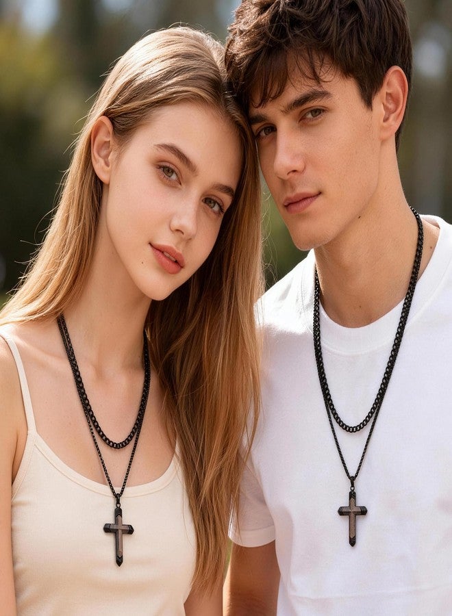 FLHEART 2Pcs Wooden Cross Necklace for Men, Bible Verse Real Ebony Inset In Black Stainless Steel Christian Wood Crucifix Pendant Includes Necklace 22-24" Box Chain Happy Easter Gifts - Image 3