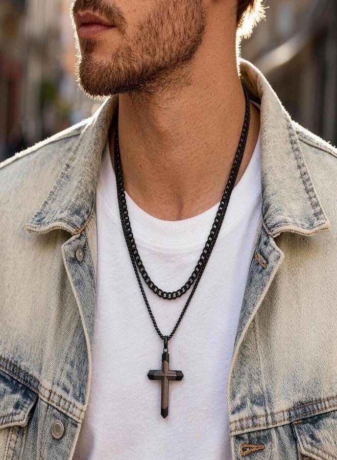 FLHEART 2Pcs Wooden Cross Necklace for Men, Bible Verse Real Ebony Inset In Black Stainless Steel Christian Wood Crucifix Pendant Includes Necklace 22-24" Box Chain Happy Easter Gifts - Image 2