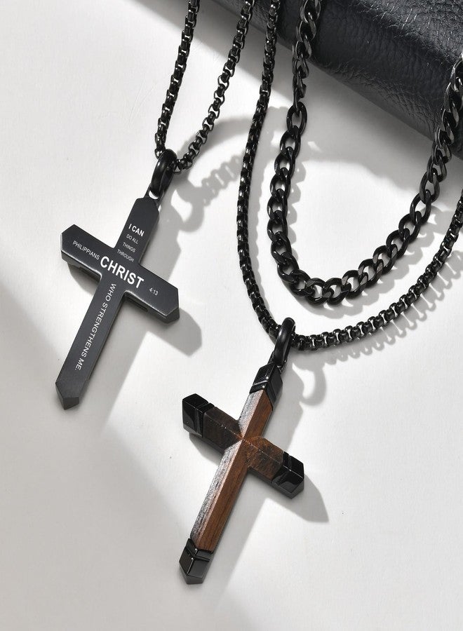FLHEART 2Pcs Wooden Cross Necklace for Men, Bible Verse Real Ebony Inset In Black Stainless Steel Christian Wood Crucifix Pendant Includes Necklace 22-24" Box Chain Happy Easter Gifts - Image 5