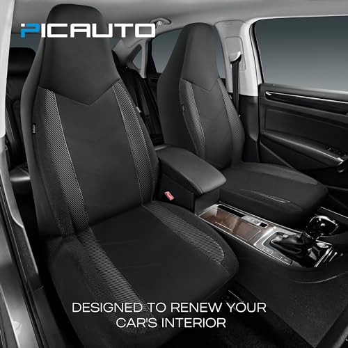 PIC AUTO High Back Front Car Seat Covers - Sports Carbon Fiber Mesh Design, Universal Fit, Airbag Compatible (Black) - Image 2