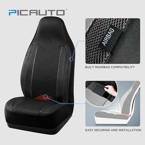 PIC AUTO High Back Front Car Seat Covers - Sports Carbon Fiber Mesh Design, Universal Fit, Airbag Compatible (Black) - Image 3