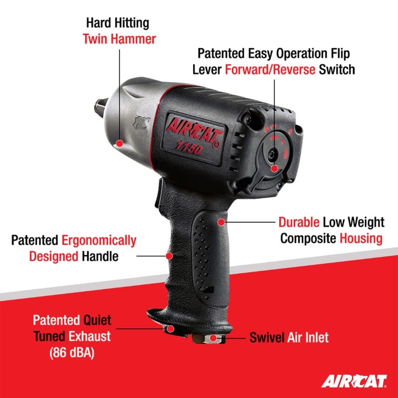 AIRCAT Pneumatic Tools 1150 1/2-Inch Drive "Killer Torque" Composite Impact Wrench 1295 ft-lbs, with coupler set - Image 3