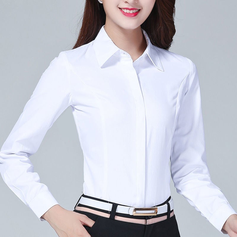 White Shirt Womens Long-sleeved Business Wear Cotton Autumn Work Clothes Elegant Commuter OL Solid Color Womens White Shirt Black