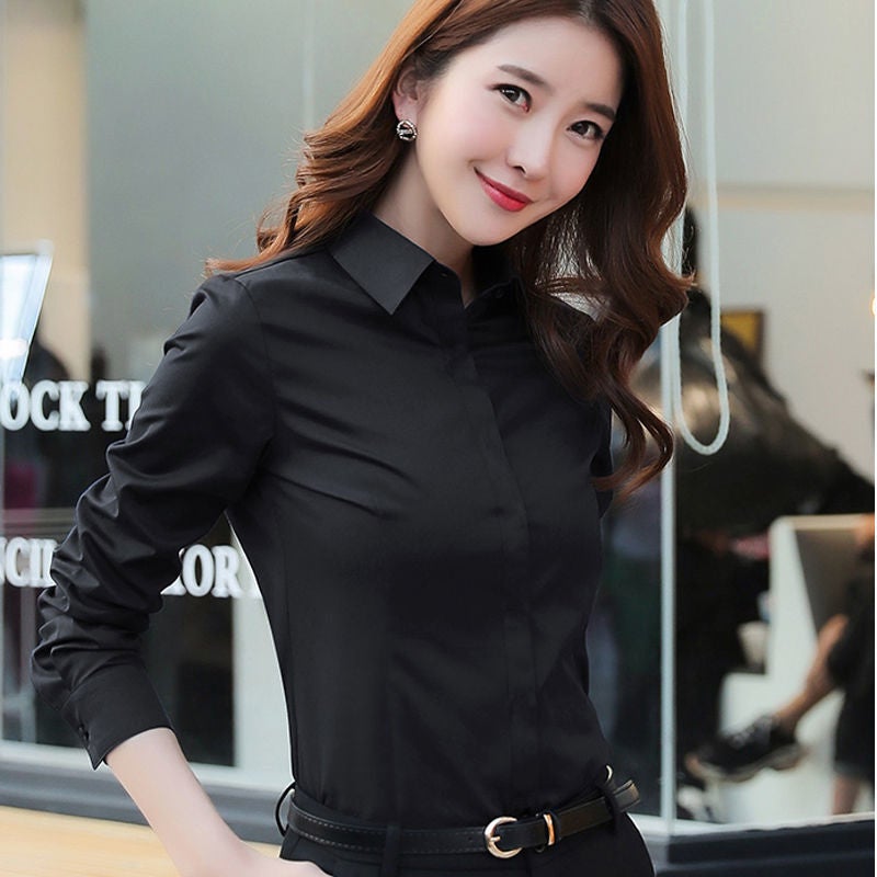White Shirt Womens Long-sleeved Business Wear Cotton Autumn Work Clothes Elegant Commuter OL Solid Color Womens White Shirt Black