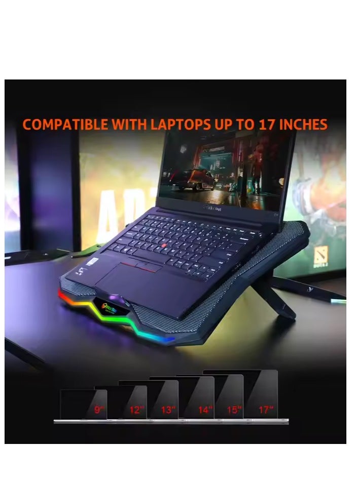 Meetion MEETION CP4040 Six Fans Laptop Gaming Air Cooling Pad, Adjustable Height Angle, 2USB Ports, RGB LED Illuminated Lightweight Quick Cooling Aluminum Alloy Grid with 45° Adjustable Stand (Black)  - Image 3