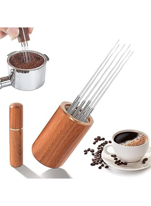 Coffee Stirrer, 6 Needles Espresso Distribution Tool Coffee Stirring Tool with Natural Wood Handle, 0.4mm Professional Barista Hand Needle Type Distribution Tool, Needle Coffee Tamper (Rosewood)