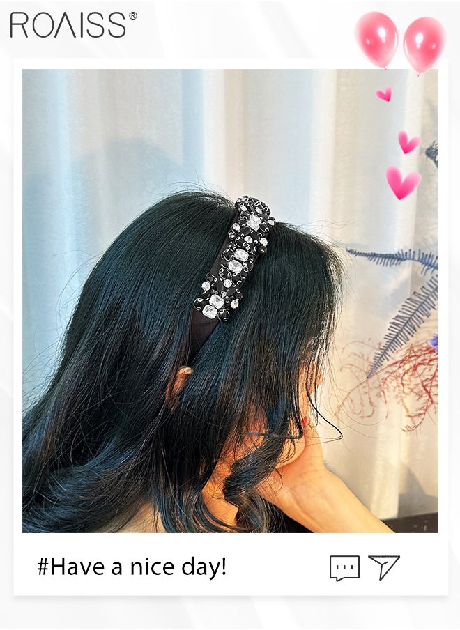 roaiss Baroque Vintage Headband Beaded Wide Hair Hoop Women Gemstone Decor Hairband Tiara Hair Accessories for Wedding Party Black  - Image 2