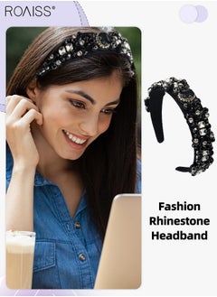 roaiss Baroque Vintage Headband Beaded Wide Hair Hoop Women Gemstone Decor Hairband Tiara Hair Accessories for Wedding Party Black  - Image 1