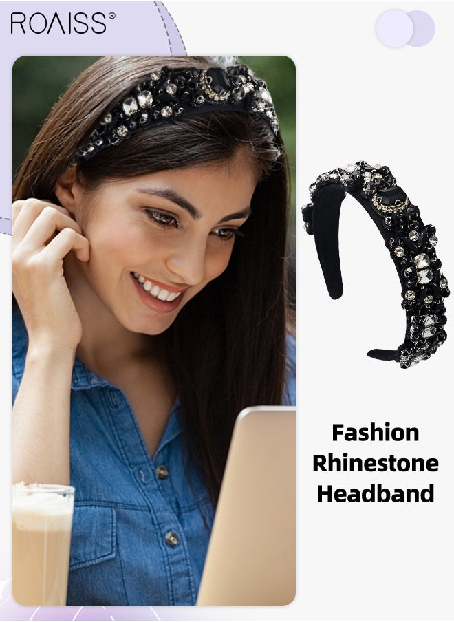 roaiss Baroque Vintage Headband Beaded Wide Hair Hoop Women Gemstone Decor Hairband Tiara Hair Accessories for Wedding Party Black  - Image 1