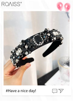 roaiss Baroque Vintage Headband Beaded Wide Hair Hoop Women Gemstone Decor Hairband Tiara Hair Accessories for Wedding Party Black  - Image 3