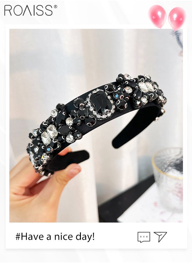 roaiss Baroque Vintage Headband Beaded Wide Hair Hoop Women Gemstone Decor Hairband Tiara Hair Accessories for Wedding Party Black  - Image 3