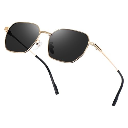 Dervin UV Protected Retro Hexagonal Sunglasses, Unisex, Black Lens, Metal Frame (Gold-Black) - Image 4