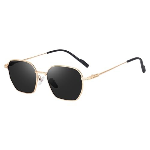 Dervin UV Protected Retro Hexagonal Sunglasses, Unisex, Black Lens, Metal Frame (Gold-Black) - Image 1