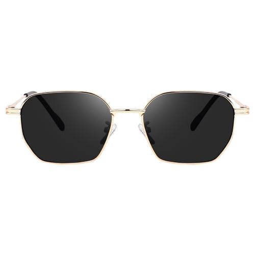 Dervin UV Protected Retro Hexagonal Sunglasses, Unisex, Black Lens, Metal Frame (Gold-Black) - Image 2