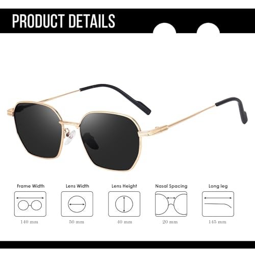 Dervin UV Protected Retro Hexagonal Sunglasses, Unisex, Black Lens, Metal Frame (Gold-Black) - Image 5