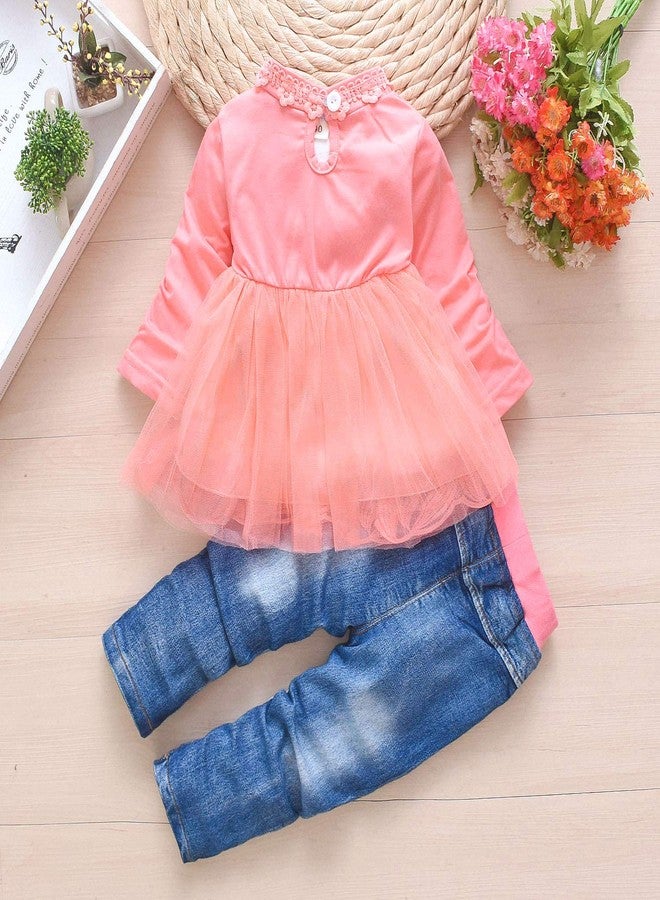 Peacolate Spring Autumn Baby Girls Clothing Set 3pcs Long Sleeve T-Shirt Denim Jacket and Jeans(6-12M,Pink) - Image 3