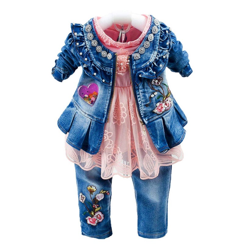 Peacolate Spring Autumn Baby Girls Clothing Set 3pcs Long Sleeve T-Shirt Denim Jacket and Jeans(6-12M,Pink) - Image 1