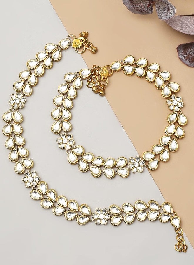 fabula Jewellery Pair of Gold Tone Kundan Ethnic Payal Anklets For Women & Girls Stylish Latest (AVM6_AFR1) - Image 4