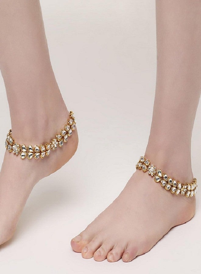 fabula Jewellery Pair of Gold Tone Kundan Ethnic Payal Anklets For Women & Girls Stylish Latest (AVM6_AFR1) - Image 2